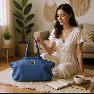 Fendi Blue Metallic Nubuck Medium Chains Tote Bag